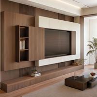 Meuble TV pour salon, panneau aspect marbre, bande grain de bois, finition crème mate, meuble suspendu, console avec tiroirs, ensemble de rangement