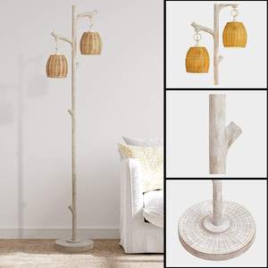 Nouveau Design Rustique Country Cottage Tronc d'arbre Faux Bois Colonne Résine Lampadaire Avec Abat-Jour En Rotin - Product Image 3