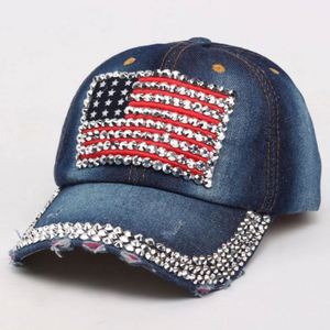 Wholesale Original Unstructured Wash Made <b>Old</b> Denim Bling Vintage American Flag Rhinestone <b>Baseball</b> Cap - Product Image 6