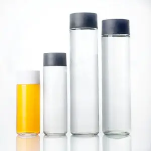 Botella de vidrio estilo Voss, botellas de jugo de vidrio con plástico redondo de alta calidad, botella fina de 500ml de altura para bebidas de jugo de manzana Noni