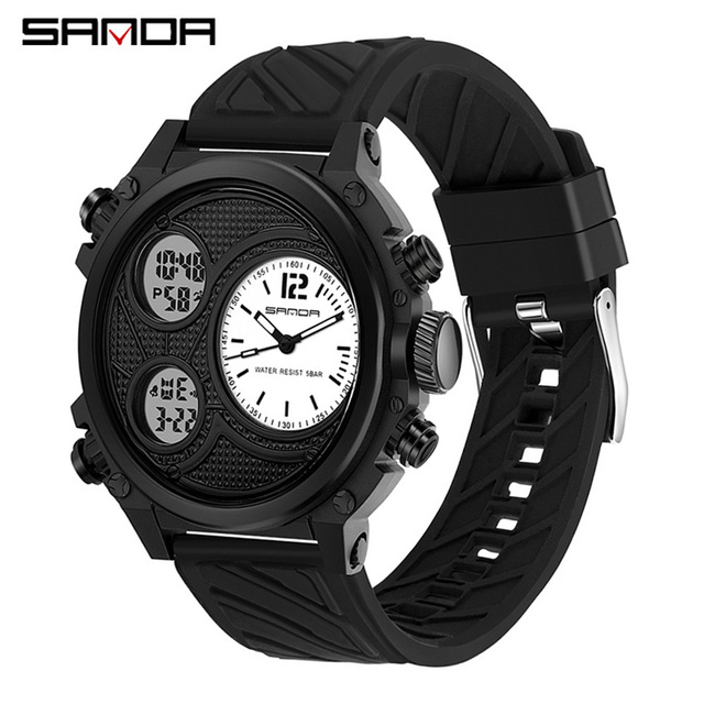 SANDA 3002 Large Dial Dual Display Multifunctional Sports Watch Waterproof Alarm Electronic Wristwatch Wholesale for Teenagers