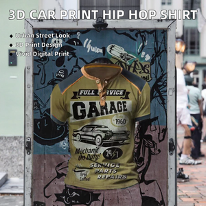 Chemise Henry à trois boutons pour homme, motif de voiture ancienne imprimé en 3D, tissée, séchage rapide, respirante, style streetwear décontracté, hip-hop - Product Image 2