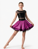 Robe de danse pour filles, noire, à sequins, avec manches courtes en maille, jupe en satin violet, costume de scène de ballet