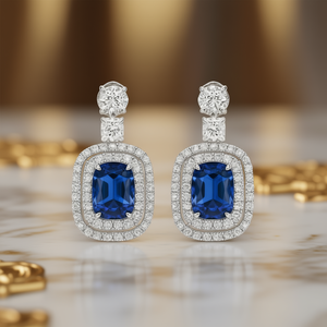 Orecchini Pendenti TiaZUNO con Gemma Blu, Montatura a Griffe in Oro Bianco, Design Geometrico di Lusso per Matrimoni, Diamanti Taglio Brillante Rotondo - Product Image 2