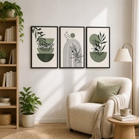 Impression sur toile encadrée en aluminium noir mat, motif botanique abstrait bohème vert sauge, art mural de style mid-century pour la décoration de hall d'hôtel ou de bureau