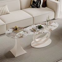 Table basse ovale Runwood Cream Wind Rock Slab pour salon et balcon, petite unité, avec structure métallique moderne, idéale pour les gîtes et les espaces commerciaux