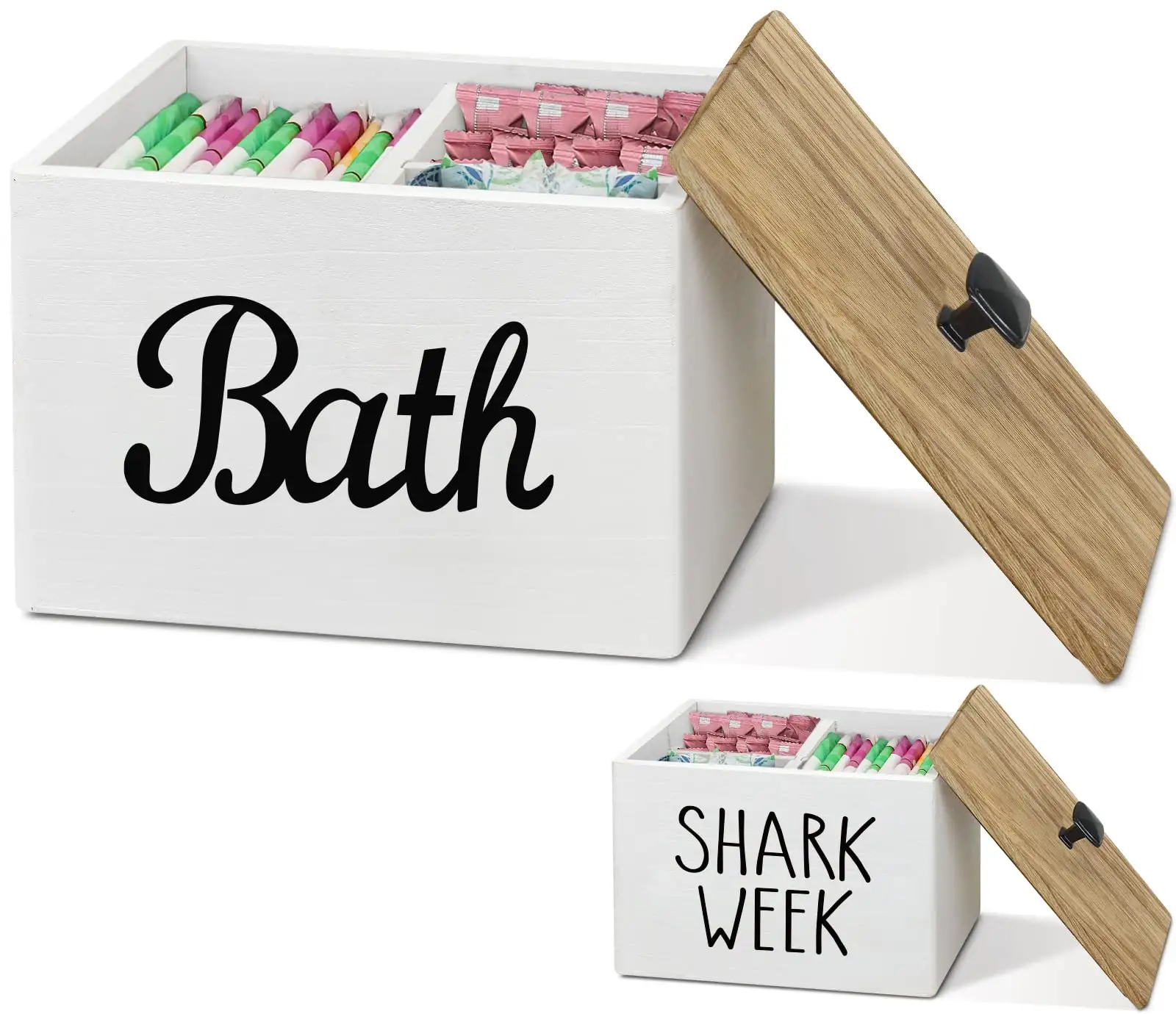 Contenedor de almacenamiento de baño de madera con tapa, soporte para tampones, productos femeninos Caddy Shark Week Tampon Storage