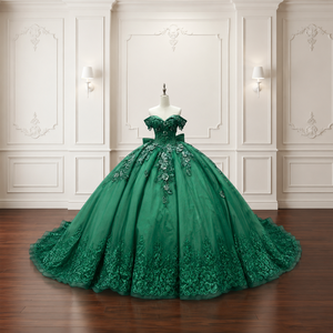Lsmc140 Elegant <b>Emerald</b> Quinceanera Gown Boat Neck Corset Sparkly Organza Floor-Length Ball <b>Dress</b> Lace Applique Party for - Product Image 6