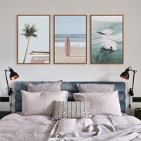 Ensemble d'art mural sur toile encadrée sur le thème de la plage : palmiers, planches de surf, paysage marin, décoration murale, peinture murale sur le thème du surf océanique, modèle Chine K-026