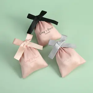 7x9cm Pink Luxury Velvet Fabric Earrings Faux Suede Jewelry Pouches with Smooth Ribbon Bow For Beads Piercings Packaging