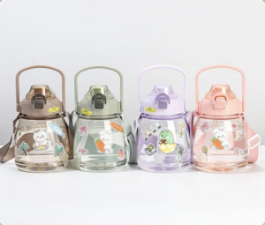 New Portable Cute Cartoon <b>Plastic</b> Cup with Shoulder Strap Handle 1100ML Heat Resistant Children's Straw Cup - Product Image 6