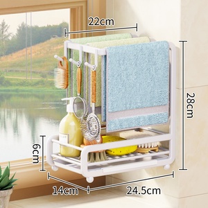 Organisateur d'évier de cuisine avec porte-serviettes et <span class=keywords><strong>bac</strong></span> de récupération d'eau - Fixation adhésive, crochets en acier inoxydable, idéal pour comptoir ou mur - Product Image 6