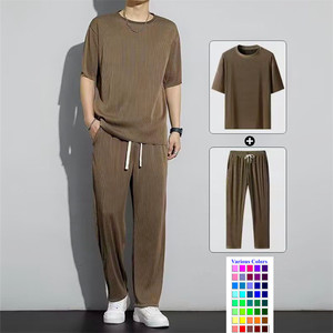 Ensemble <span class=keywords><strong>Chemise</strong></span> et Pantalon à Manches Courtes en Soie Glacée, Grandes Tailles 5XL <span class=keywords><strong>4XL</strong></span> pour <span class=keywords><strong>Homme</strong></span>, Vente en Gros, Ensembles d'Été Personnalisés pour Hommes - Product Image 1