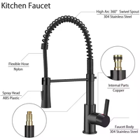 Robinet de cuisine moderne en céramique et acier inoxydable, monocommande avec douchette extractible, eau chaude et froide, finition noire, pour hôtels