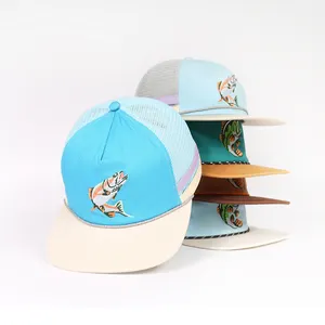 BSCI, logotipo bordado personalizado, gorra de ala ancha plana para exteriores, gorra de camionero de algodón azul, gorra Snapback de cuerda