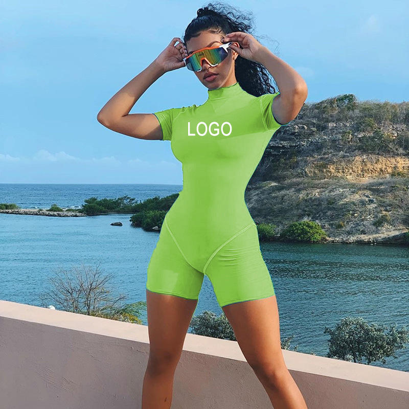 Women Skinny Bodysuit Short Sleeve Playsuit Reflective Letter Print Rompers  2019 Female Turtleneck Fashion Casual Bodysuit Gym