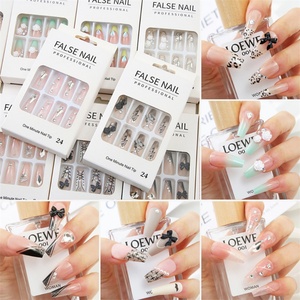 Boîte de 24 faux ongles longs à presser, style français, avec colle gelée et strass en alliage, couverture complète - Product Image 4