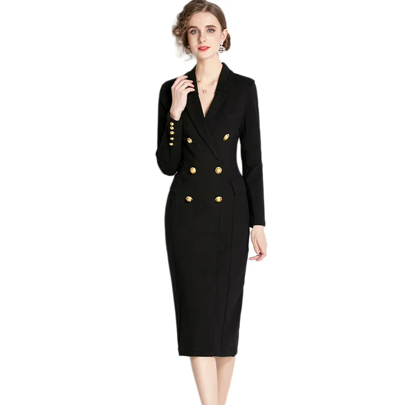 2022 F/W Women's Office Business Casual Blazer Work Dress Sexy V Neck Midi Formal One-Piece Dress