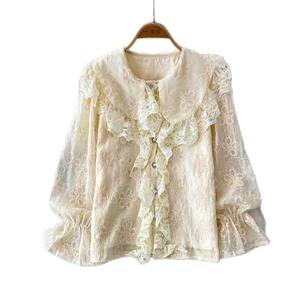 Blusa <span class=keywords><strong>de</strong></span> verano Premium para mujer elegante Socialite juvenil encaje Patchwork <span class=keywords><strong>de</strong></span> gama alta bordado campana manga cuello tejido sólido - Product Image 5