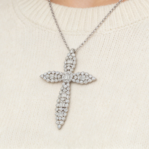 CUSTOM SILVER 10K/14K/18K GOLD PLATED LAB GROWN CVD DIAMOND CLASSIC ENGAGEMENT GIFT SWEATER <b>CHAIN</b> NECKLACE <b>CROSS</b> PENDANT - Product Image 4