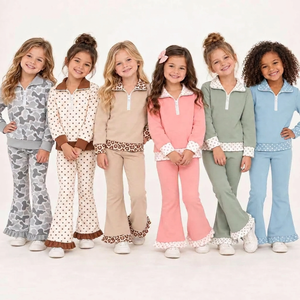 Ensemble fille, nouveau design, pull polo, pantalon évasé à volants, vêtements assortis pour enfants - Product Image 1