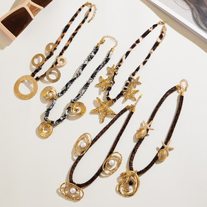 QISEN <strong>Boho</strong> Leopard Scarf <strong>Necklace</strong> with Starfish Seashell Charms Stainless Steel Statement Pendant <strong>Necklace</strong> Jewelry for Women - Product Image 2