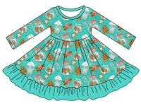 Meilleure vente Robe de Noël à manches longues imprimée Père Noël pour filles jupe évasée à volants pour enfants vêtements en bambou très doux