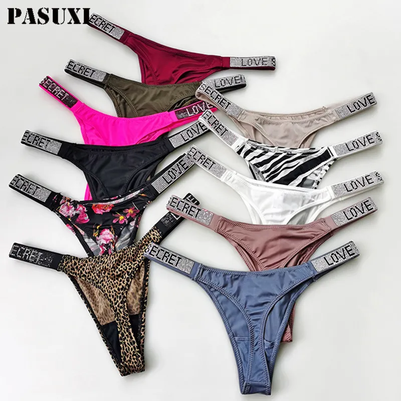 PASUXI Sexy Underwear Valentine's Day Love Letter Glitter G String Seamless Thong Womens Rhinestone Panties