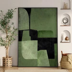 Toile d'art abstrait extra large originale, paysage vert sarcelle beige noir, peinture à l'huile, dessin à la main par l'artiste, encadrée, faite à la main - Product Image 2