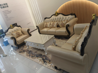 Ensemble 123 de canapés en cuir véritable de style européen, trois places de grande taille avec sculptures en bois massif d'ébène