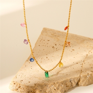 Luxury Titanium Steel <strong>Jewelry</strong> 18K Gold-Plated Stainless Steel Ball Bead Chain Colorful Geometric Shaped <strong>Gem</strong> Pendant Necklace - Product Image 3