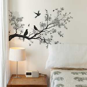 Autocollants muraux en PVC de style chinois, motif floral noir avec oiseaux, décoratifs pour chambre et salon - Product Image 5