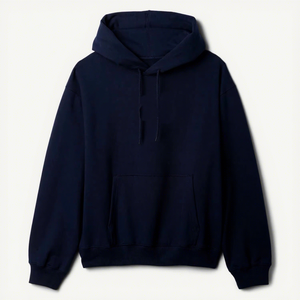 Men's <b>Navy</b> Blue Hooded <b>Sweatshirt</b> With Front Logo Print Regular Fit Cotton French Terry Casual Pullover Autumn Wear - Product Image 1