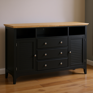 Credenza moderna in legno di gomma nero con ripiani regolabili per cucina o soggiorno - Product Image 2