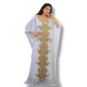 Awais House Women's White Beaded Embroidery <b>Chiffon</b> Polyester Floor-Length Modest Evening Dress V-Neck Long Sleeves Natural - Product Image 1