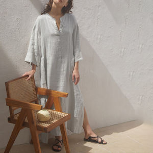 All'ingrosso personalizzare il servizio OEM tessuti eco-friendly in lino 100% stile t-shirt lungo per ragazze vestito a manica lunga con <span class=keywords><strong>colletto</strong></span> mandarino donna - Product Image 2