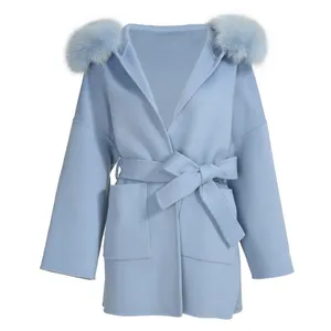 Mao Mao Fur Hot Selling Wool Coat Fur Hood High Quality Fox Fur Collar Cashmere and Wool Coat