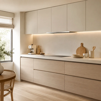 Meuble de cuisine sur mesure minimaliste, armoire en grain de bois clair et crème, mobilier sur mesure avec éclairage LED pour les développeurs résidentiels (vente en gros)