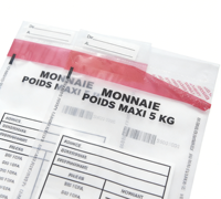 Sacs de dépôt d'espèces imprimés sur mesure avec sceau inviolable, auto-adhésifs, en plastique transparent pour opérations bancaires