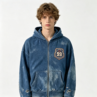 Sweat à capuche zippé bleu épais, délavé vintage, effet usé, avec badge 99, délavé à l'acide, style streetwear, effet soleil, en molleton de coton pour homme