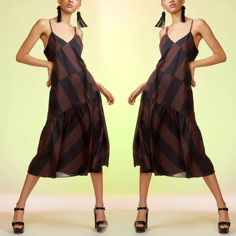Factory manufacturer designer high quality silk spaghetti straps dresses women wholesale custom summer midi black satin dress