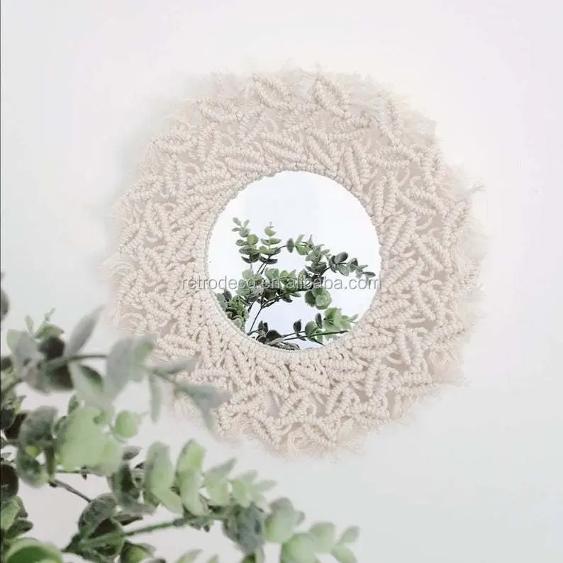 Wedding Decoration Hanging Wall Mirror with Macrame Fringe Round Boho Chic Home Decor Antique Mirror