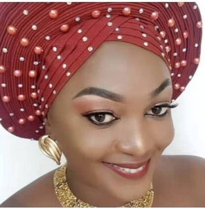 Nouveau turban africain Aso Oke avec perles et diamants pour femme adulte, idéal pour les fêtes, en tulle et dentelle française. Dentelle en filet - Product Image 1