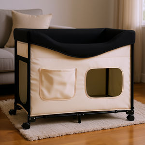 Lit surélevé pliable pour animaux de compagnie, lit superposé pour chien en velours et tissu Oxford 600D, portable avec sacs de rangement latéraux, beige - Product Image 2