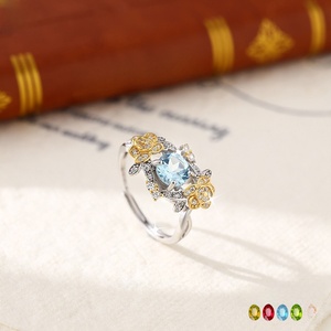 Vintage 6mm Round cut Blue Topaz Two Tone Flower <b>Rings</b> Adjustable Natural <b>Stone</b> 925 <b>Silver</b> Gold Plated Jewelry for Women - Product Image 2