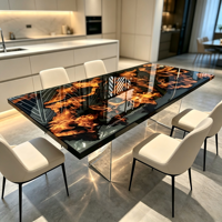 Table à manger de luxe en bois de teck ambré noir brillant avec résine époxy, pieds en acrylique transparent, table rivière pour villa et hôtel