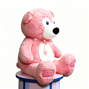 Customize Chubby classic <b>pink</b> plush <b>bear</b> with checkered, paw detail cozy bedtime comfort toy for toddlers - Product Image 5
