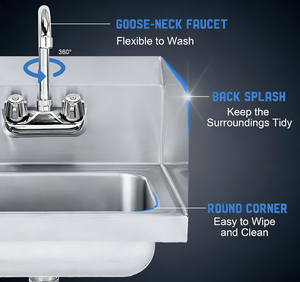 Lavabo commercial pour le lavage des mains, pour restaurant, cuisine et maison, en acier inoxydable, à fixation murale et encastrable - Product Image 2