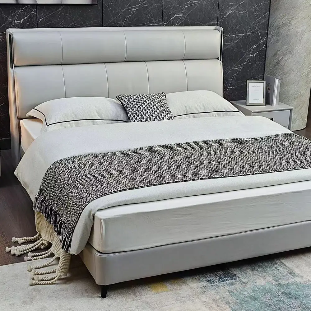 Nuevo diseño moderno silencioso cama de cuero king size cama tapizada cabecero de madera maciza cama tapizada gabinete de almacenamiento