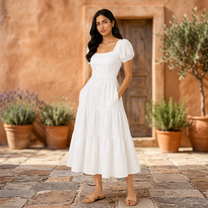 Women’s Casual <b>White</b> Puff Sleeve Dress <b>Square</b> Neck Tiered Flared Dress with <b>Pockets</b> for Boutique Fashion Collection - Product Image 3